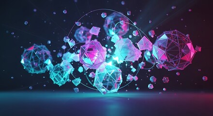 Abstract cluster of glowing geometric crystal shapes floating