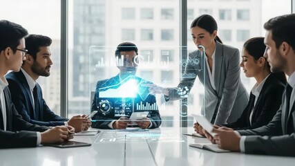 Business meeting with holographic data display showing financial charts and analytics - Powered by Adobe