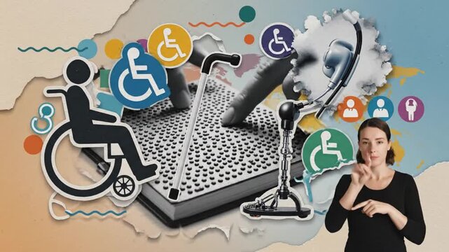 Inspirational animated collage celebrating global disability inclusion. Featuring silhouettes and close-ups of mobility aids, sign language hands, braille, wheelchair users, hearing support devices