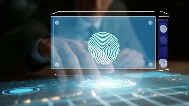 Detective examining holographic evidence table with digital fingerprints and object scans, symbolizing interactive investigation, AI data mapping, and smart forensic visualization. cinematic color