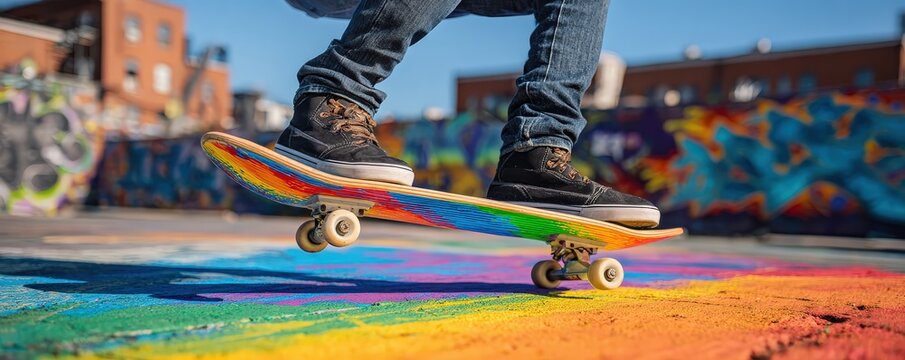 A skateboarder performs tricks on a colorful street art backdrop, showcasing vibrant graffiti and a lively urban atmosphere.