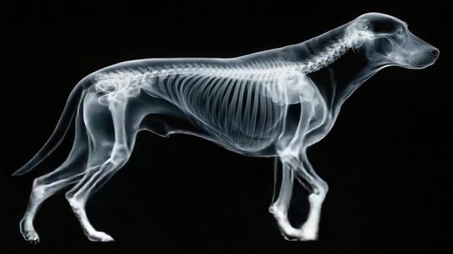An X-ray image reveals the skeletal structure of a dog in profile, against a black background