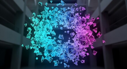 Exploding geometric crystal structure with neon glow