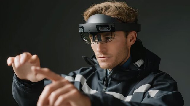 Detective wearing augmented reality headset analyzing fingerprints and digital clues, symbolizing precision crime analysis, smart data integration, and advanced forensic investigation. cinematic