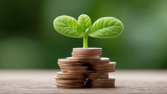 Seedling growing on coin stack
