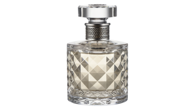 Elegant glass decanter filled with fine liquor showcasing luxurious diamond cut design and metallic accents for sophisticated display isolated on white or transparent png
