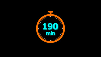 190 minutes timer clock icon 4k illustration on a black background. and creating a stunning illustration.4k illustration