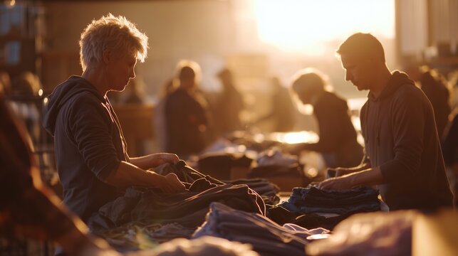 Two young adults are engaged in organizing clothes on a table as the sun sets behind them, creating a warm glow. The busy market scene reflects a vibrant atmosphere with active exc