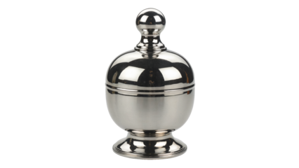 Elegant polished metal ornate pedestal sugar bowl with lid, perfect for fine dining and sophisticated kitchens isolated on white or transparent png.