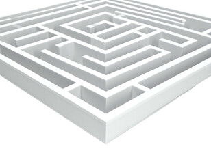 A 3D-rendered white maze set against a black background, slightly angled, showcasing intricate pathways and walls. A puzzle
