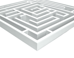 A 3D-rendered white maze set against a black background, slightly angled, showcasing intricate pathways and walls. A puzzle