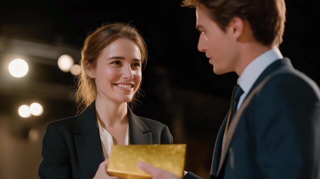 Elegant presenter handing golden award to smiling recipient under spotlight, emotion of admiration and mutual respect visible, representing recognition of talent, achievement ceremony, and