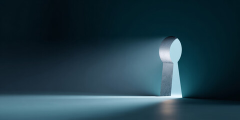 Fototapeta premium A keyhole with a beam of light shining through it, suggesting unlocking or discovery. The background is dark blue and the overall tone is cool