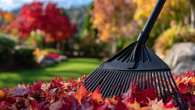 Autumn cleanup action shot with rake dragging across crisp fallen leaves, glowing leaf textures in sunlight, blurred neighborhood garden backdrop