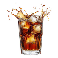 Refreshing drink with ice splashing in clear glass on transparent background