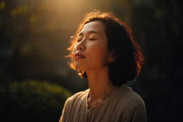 Peaceful portraits of women with closed eyes in golden sunlight and natural atmosphere
