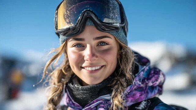 Brightly dressed young woman in ski gear smiling warmly, reflections of snowy slopes in her goggles, expansive winter sky with copy space above