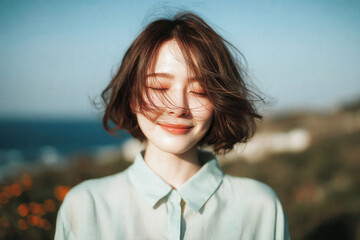 Peaceful portraits of a smiling woman enjoying the breeze in natural seaside light