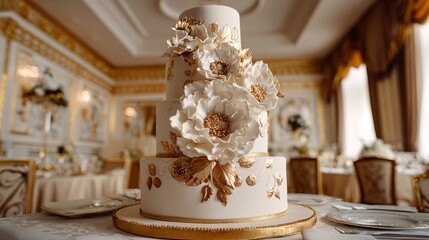9. Wedding cake with three tiers decorated with white sugar flowers and golden details