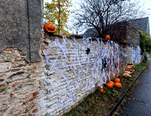 In front of  house there is horror flowerbed with graves and crosses covered with spider webs from...
