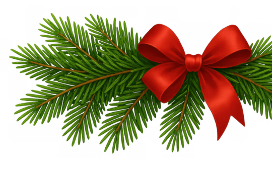 Christmas fir branch decoration with red bow. Festive holiday symbol element on transparent background