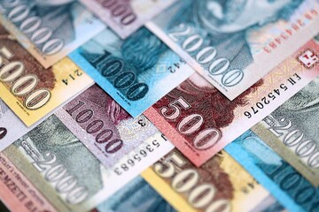 Hungarian Forints currency money bills in big amount. Pile of HUF currency banknotes with different denomination close up