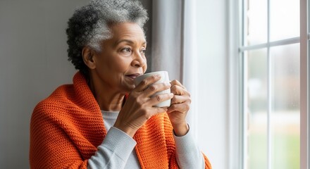 Senior african american woman drinking from a mug by the window. Mature lady in a cozy orange shawl relaxing at home. Winter solstice and contemplative lifestyle concept
