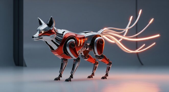 Slender AI Fox with Red-Orange Armor and Luminous LED Tail Strips