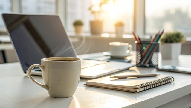 Coffee mug and laptop on an office desk for a productive morning work break