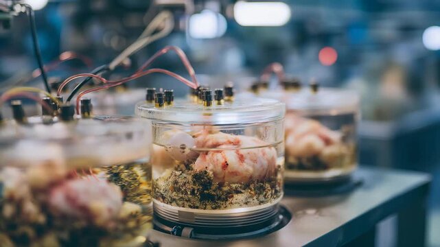 Futuristic cryogenic laboratory with transparent chambers containing suspended specimens, emotion of awe and scientific curiosity visible, symbolizing low-temperature research, preservation