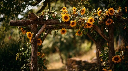 34. Rustic wooden arch decorated with sunflowers in countryside wedding