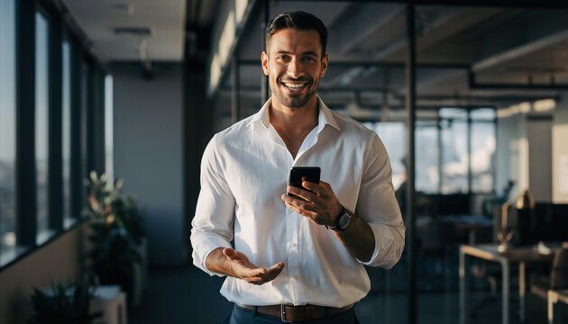 Happy young Latin business man holding phone standing at work in office. Smiling professional businessman company executive, employee or business owner looking at camera with smartphone. Portrait.