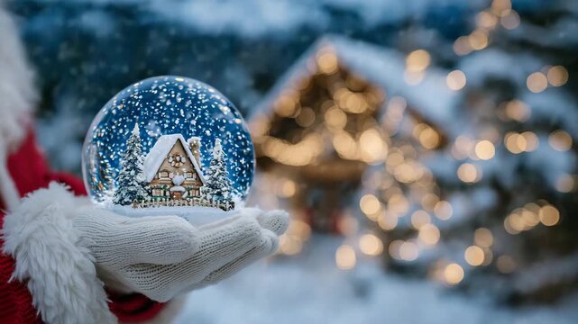 Close-up of Santa Claus&rsquo;s gloved hand holding a glowing snow globe, inside a tiny snowy house surrounded by pine trees, festive holiday lights twinkling warmly in background