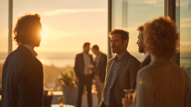 A group of men converse at sunset while enjoying drinks in a modern setting. The men gather while sharing ideas, creating a lively atmosphere with the warm sunset glow.