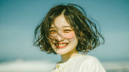 Natural portraits of a smiling woman in bright outdoor light and casual atmosphere