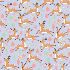 Christmas Reindeer Vector. Seamless Cheerful Reindeer Pattern with Ornaments and Fairy Lights. Elegant Festive seamless pattern Background.