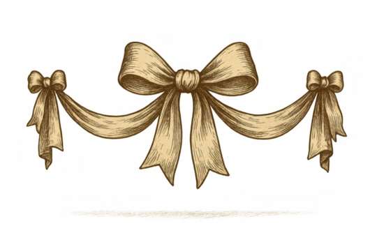 Vintage ribbon bow garland ornament creating a decorative swag for celebration banners on a transparent background