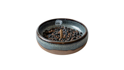Serene incense stick smoldering emitting delicate wisps of smoke in a rustic ceramic bowl filled with aromatic beads promoting calm and tranquility isolated on white or transparent png.
