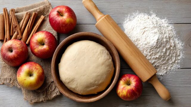 Rustic apple baking scene with dough rolling and fresh ingredients