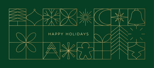 Happy Holidays greeting card, gold geometric line background