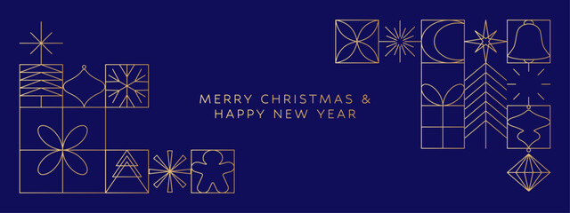 Christmas banner, gold holidays frame, geometric decorations