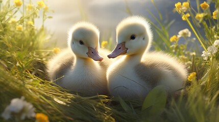 Cozy Ducklings: A pair of adorable ducklings nestled together in a grassy, sun-dappled haven, with their sweet beaks gently touching, exuding pure innocence and affection.