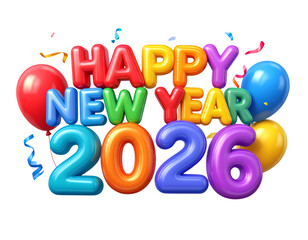 Colorful 3D “Happy New Year 2026” Typography with Balloons and Streamers, Isolated PNG
