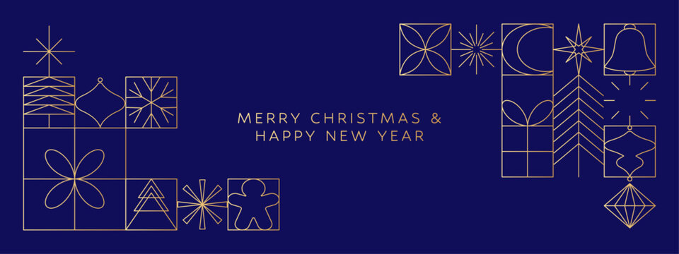 Christmas banner, gold holidays frame, geometric decorations