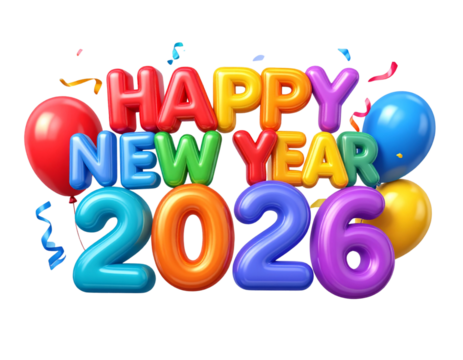 Colorful 3D “Happy New Year 2026” Typography with Balloons and Streamers, Isolated PNG
