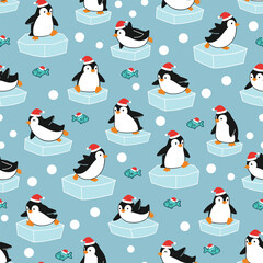 Christmas Animal Vector. Seamless Penguin Pattern with Fish and Snowballs.
