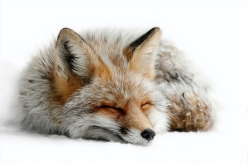 Obraz premium Serene Slumber: A majestic fox finds peaceful rest, curled up in a tranquil pose. This image captures the essence of relaxation and nature's beauty.