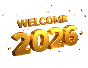 3D Golden “Welcome 2026” Text with Sparkling Confetti and Party Lights, Isolated PNG