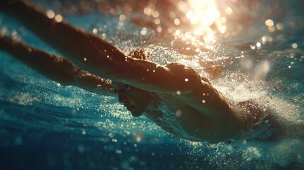 A focused swimmer glides through the clear water, creating energetic splashes and ripples. The swimmer's strong strokes propel the swimmer forward under the shimmering surface.