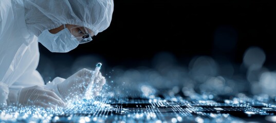 Engineer working on modern computer microchip. Electronic circuit board. Hardware industry. Generative AI technology.